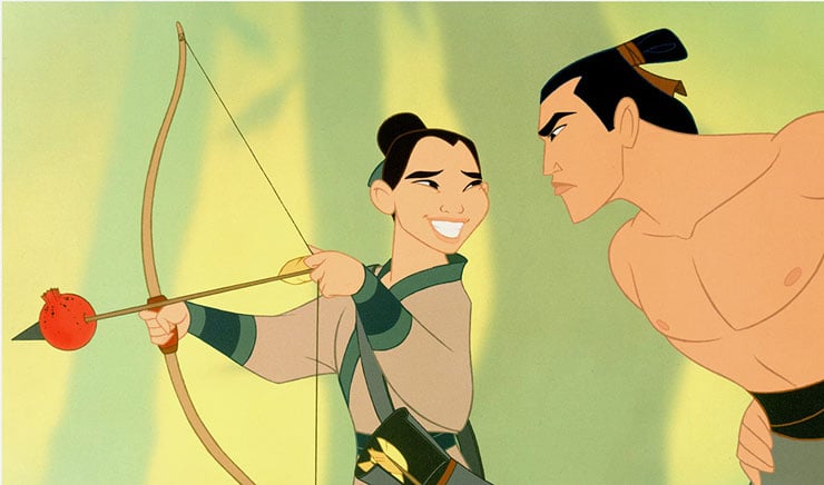 Mulan training with a bow and arrow 